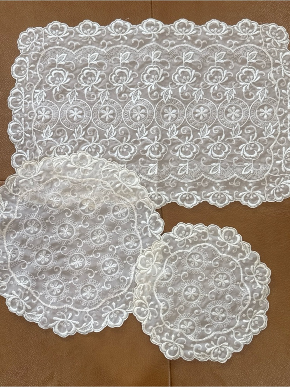 Vintage 3 Pc White Lace Doily Set Embroidered Floral Round & Rectangular Linens